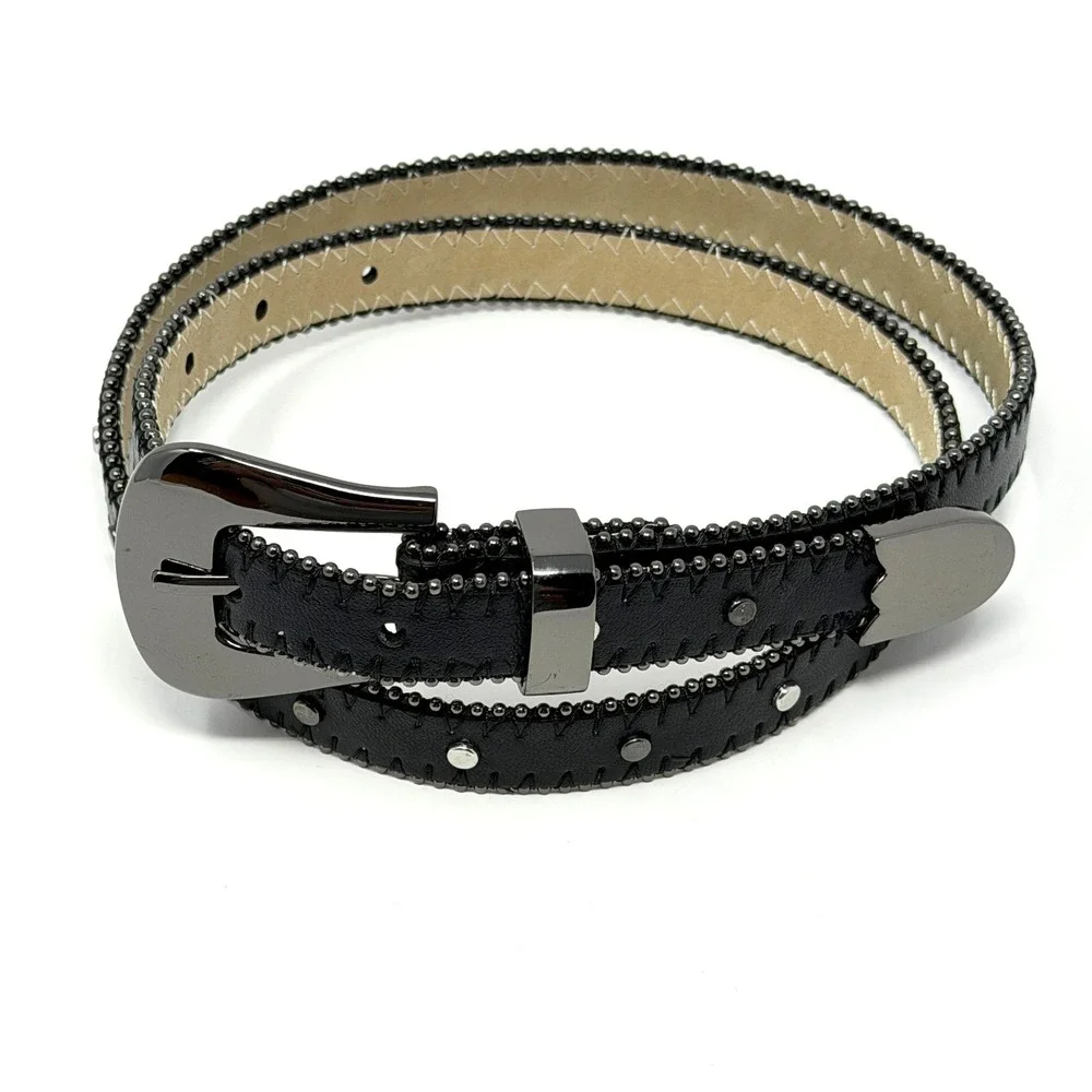 Western Beaded Studded Womens Belt Black Silver Tone Medium